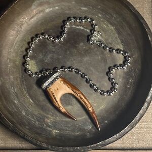 Unique Horn Pave Crystals Silver Ball Chain 18" Chain Pendant Necklace